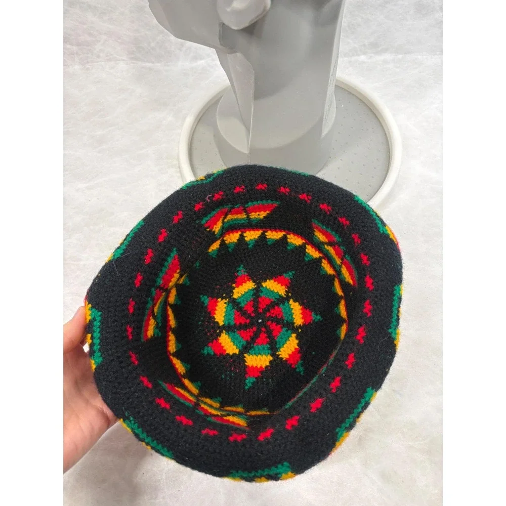 Vintage Handmade Rasta Crochet Bucket Hat Black Red Yellow Green‎ Geometric Star